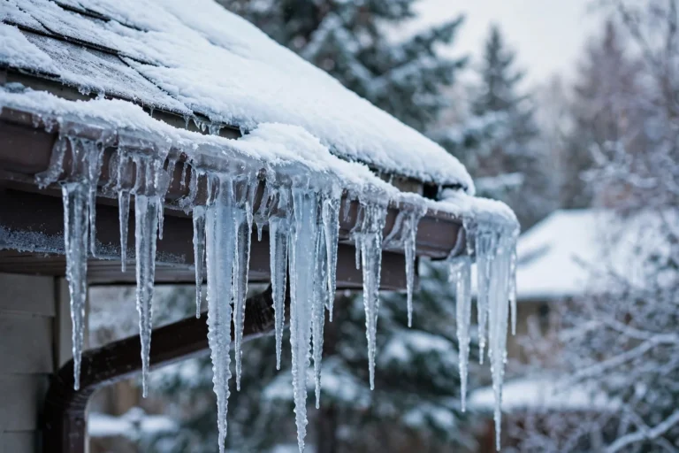 Ice dams on roof edge in winter