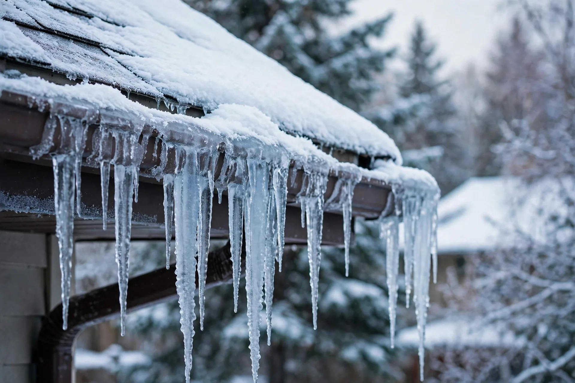 Ice dams on roof edge in winter
